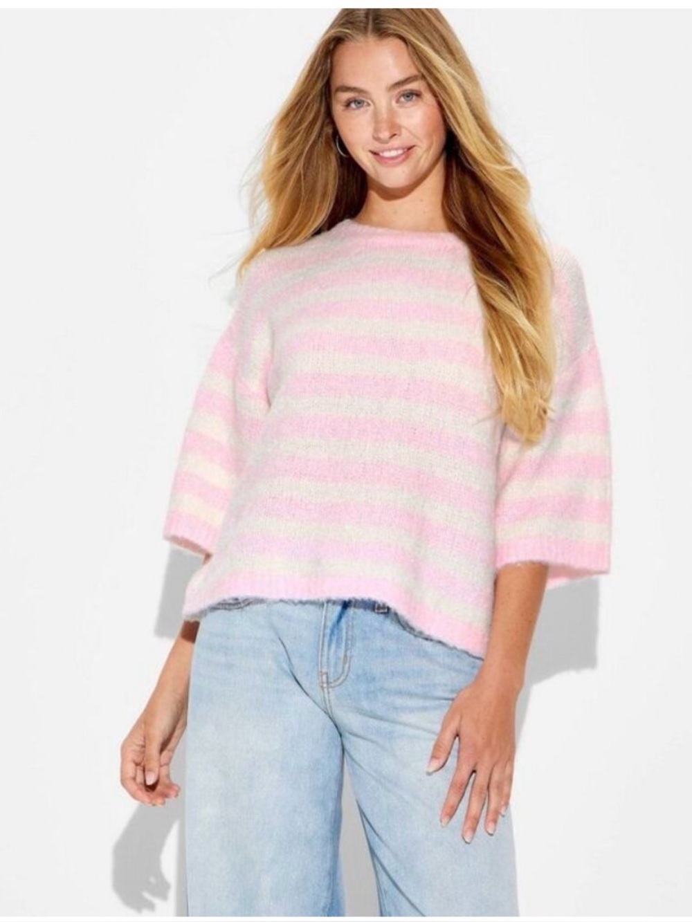 wild fable Pink and Cream Striped Fuzzy Crewneck Sweater